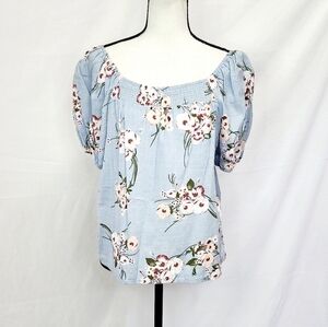 A.n.a Light Blue Floral Puff Short Sleeve Peasant Top